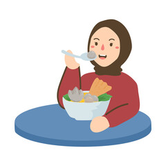 happy woman holding ramen noodle