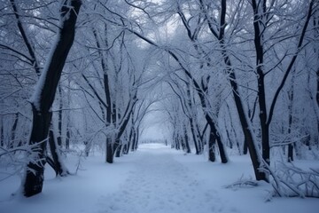 A wintry landscape: a snowy morning in November with trees covered in white. Generative AI