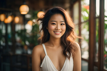 Obraz premium Happy young Asian woman with white dress