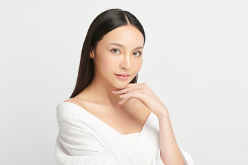 Beautiful young asian woman with clean fresh skin on white background, Face care, Facial treatment, Cosmetology, beauty and spa, Asian women portrait.