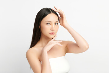 Obraz premium Beautiful young asian woman with clean fresh skin on white background, Face care, Facial treatment, Cosmetology, beauty and spa, Asian women portrait.