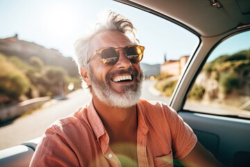 An exuberant, bearded senior man relishing a summer road trip in Italy, embarking on a luxurious cabrio adventure, living a life of wealth and freedom. - obrazy, fototapety, plakaty