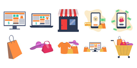 Set of online shopping stuff. Special offer, discount, and sale. Online store for online shopping. Vector Illustration.