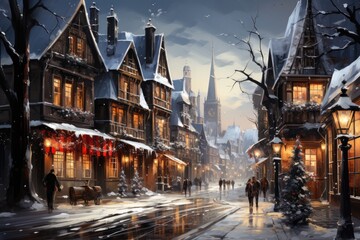 Fototapeta na wymiar Snow-covered village square with festive holiday lights.