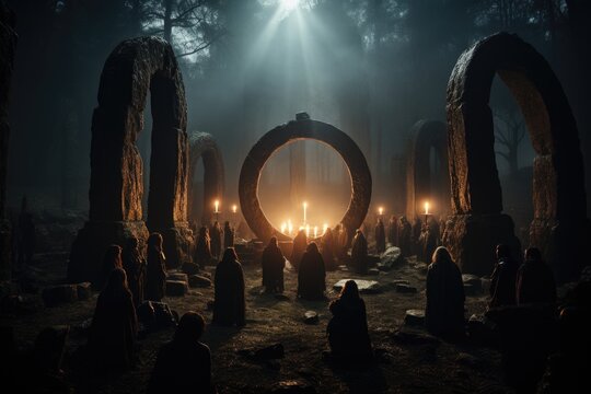 Stone circle in a moonlit clearing with druids performing rituals.