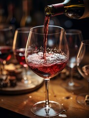 Red wine pours from a bottle into a glass AI