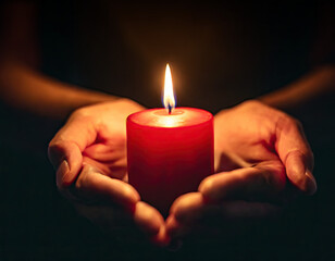 small candle burning held in hands on black background generative ai