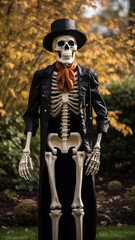 Fototapeta na wymiar skeleton wearing a black hat and orange scarf in the autumn park generativa IA