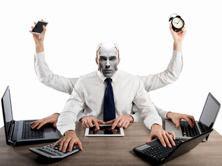 Persona haciendo mil cosas a la vez. Imagen de productividad. Gerente multifunción. Humano o...