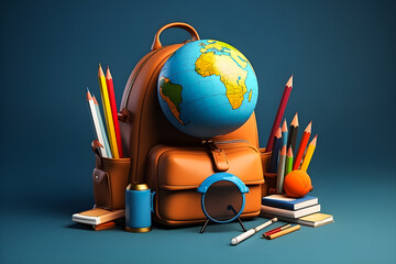 3d illustration school and education set:  school bag, globe, pensil case, brush, pencil, pen, glasses, generative ai