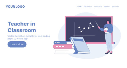Teacher in Classroom. Web Landing Page Design. Flat Cartoon Vector Illustration.