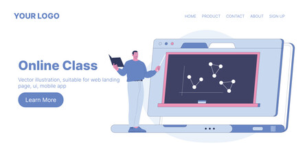 Teacher Online Class. Web Landing Page Design. Flat Cartoon Vector Illustration.