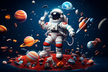 Fototapeta premium 3d illustration space set: astronaut, planet, satellite, rocket, ufo, comet cartoon objects, generative ai