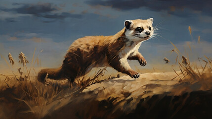 Vibrant Digital Illustration of a Black-footed Ferret in a Grassy Field - Perfect for Wildlife Enthusiasts, Nature Blogs, and Environmental Education Materials