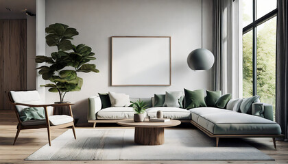 Home mockup, contemporary minimalist living room interior, d render