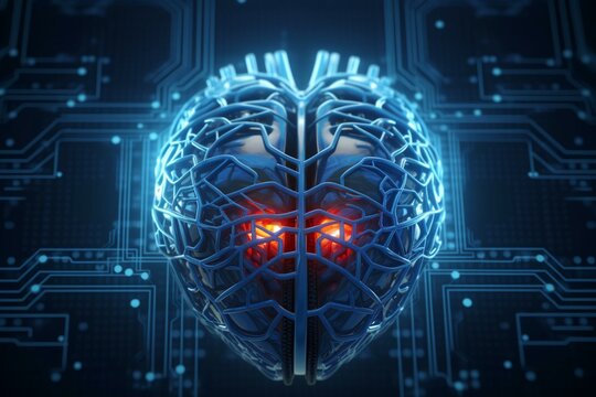 Abstract wireframe illustration of a heart-shaped chip embedded in a human brain, representing brain implant technology. Generative AI