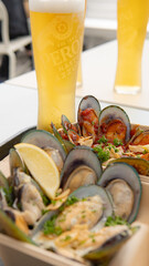 Beer and steamed mussels