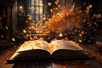 Whirlwind of autumn leaves dancing around an ancient tome. - obrazy, fototapety, plakaty
