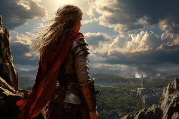 Woman warrior with armor standing on a cliff overlooking a vast kingdom.