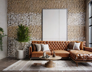 Interior living room wall mockup with brown sofa and decor on tiles wall background