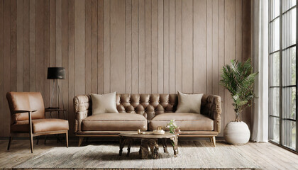 Interior living room wall mockup with leather sofa and decor on wooden wall background.d rendering