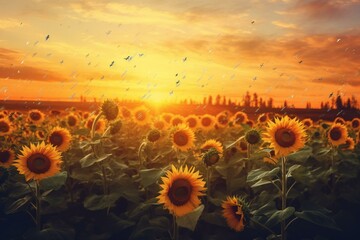 Scenic sunflower field with flying notes in rural area. Generative AI