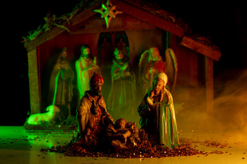 Traditional Christmas scene birth of Jesus. Nativity scene. Christmas Christian nativity scene with...
