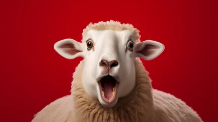 Foto op Plexiglas Startled sheep stares in shock against vibrant red backdrop, perfect for playful holiday excitement and surprised holidays © Twinny B Studio