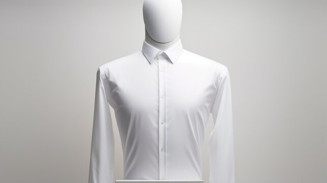 A classic white shirt elegantly showcased on a mannequin against a pure white backdrop.
