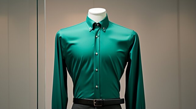 A crisp emerald green shirt on a mannequin with a snowy white background.