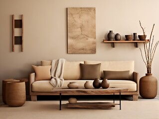 Modern living room in rustic minimalist style, showcasing a fabric lounge chair and wood stump side table set against a neutral beige stucco backdrop