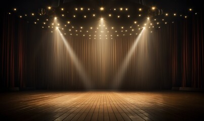Empty Theater Stage with Spotlight and Wooden Floor
