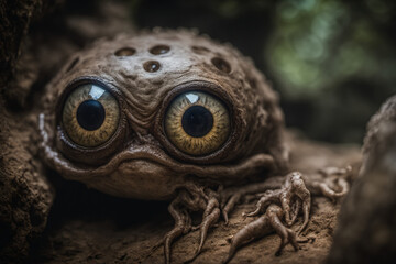 Fototapeta premium The gaze of strange eyes in the depths of a mysterious cave, creature eyeball