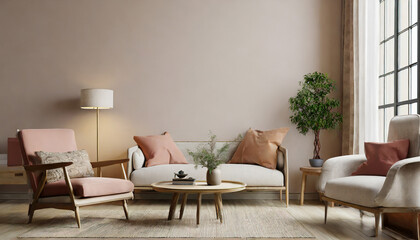 Living room interior wall mockup in warm tones with sofa and armchair on empty wall background.