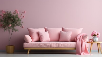 Contemporary Livingroom mock up, a couch with a pink cushion, empty wall,