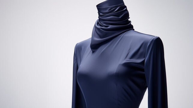 A navy blue shirt draped on a mannequin with a bright white background.