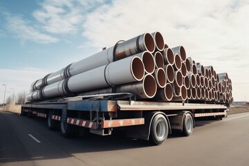Transportation of steel pipes on a trailer. Generative AI - obrazy, fototapety, plakaty