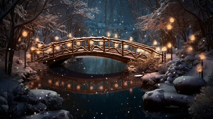 A charming footbridge over a frozen creek, beautifully enhanced by the reflection of shimmering Christmas lights in the water.