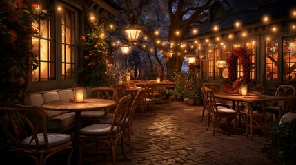 Fototapeta na wymiar A charming outdoor patio, enveloped in the warmth of Christmas lights, perfect for a festive evening.