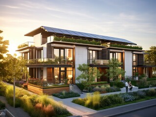 Fototapeta na wymiar Contemporary sustainable multifamily residences equipped with solar panels