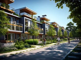 Contemporary sustainable multifamily residences equipped with solar panels - obrazy, fototapety, plakaty