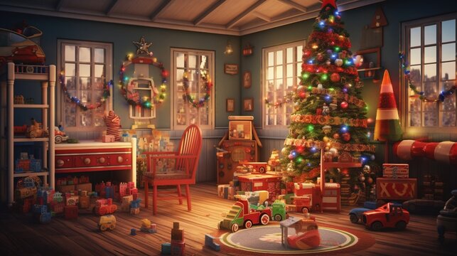 A children's playroom filled with toys and adorned with colorful Christmas lights, radiating the joy of the holiday season.