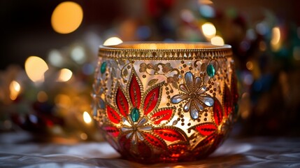 A close-up of a Christmas candle holder with intricate flower patterns and shimmering beads. - Powered by Adobe