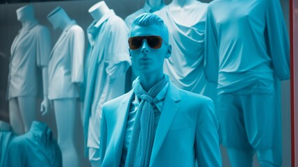 A sky-blue shirt adorning a stylish mannequin.