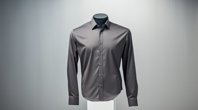 A slate gray shirt elegantly displayed on a mannequin with a clean white background.