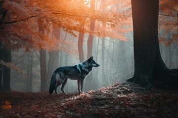 Mystical wolf roams among trees. Generative AI