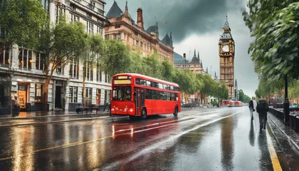 Fotobehang London street with red bus in rainy day © Donald