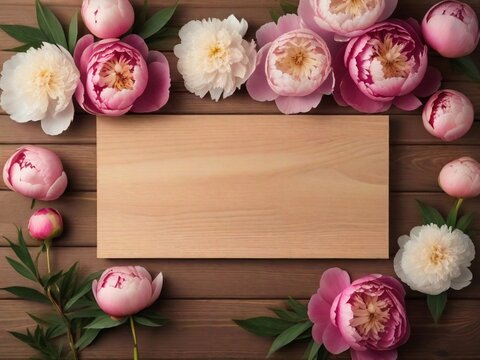 Wooden background surrounded by Peony flowers from top view, background image, generative AI