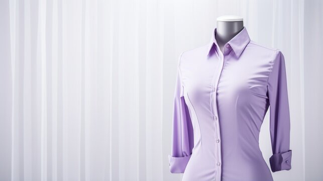 A soft lavender shirt gracefully placed on a mannequin with a pristine white background.