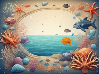 Textured background surrounded by beautiful sea creatures, background image, generative AI